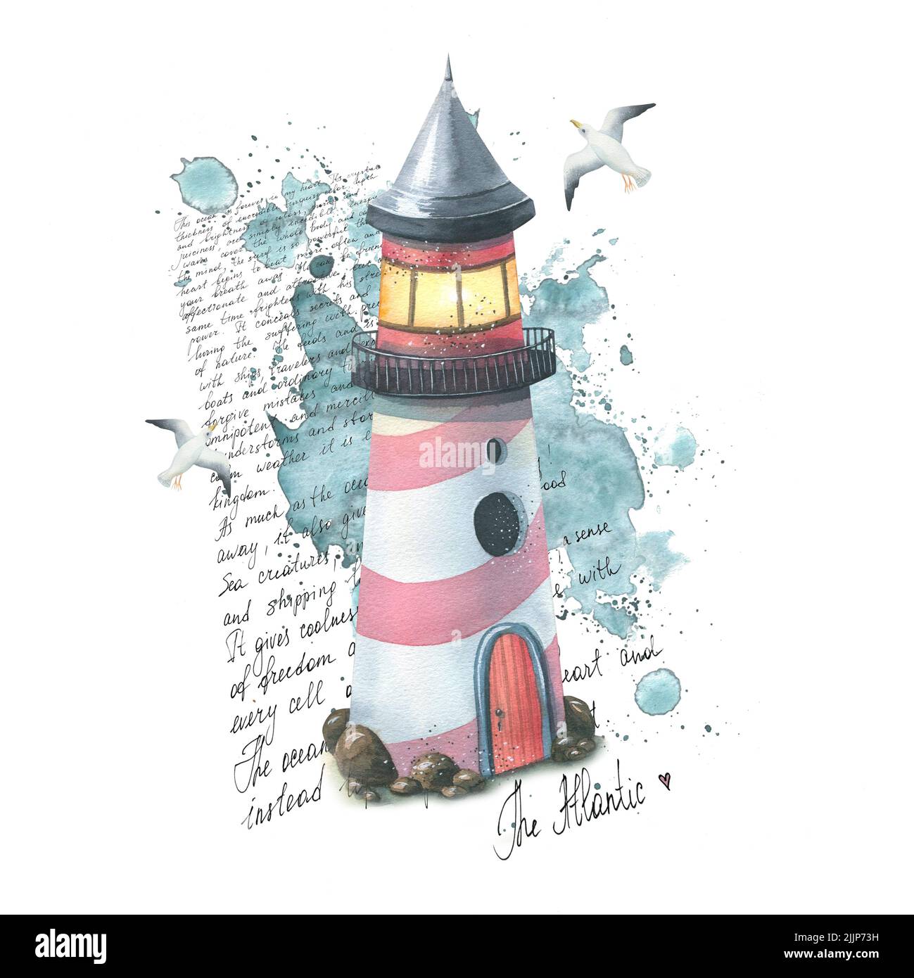 Un phare marin sur un fond de taches et d'éclaboussures d'aquarelle, des lettres en anglais sur l'Atlantique, avec des mouettes volantes. Aquarelle Banque D'Images