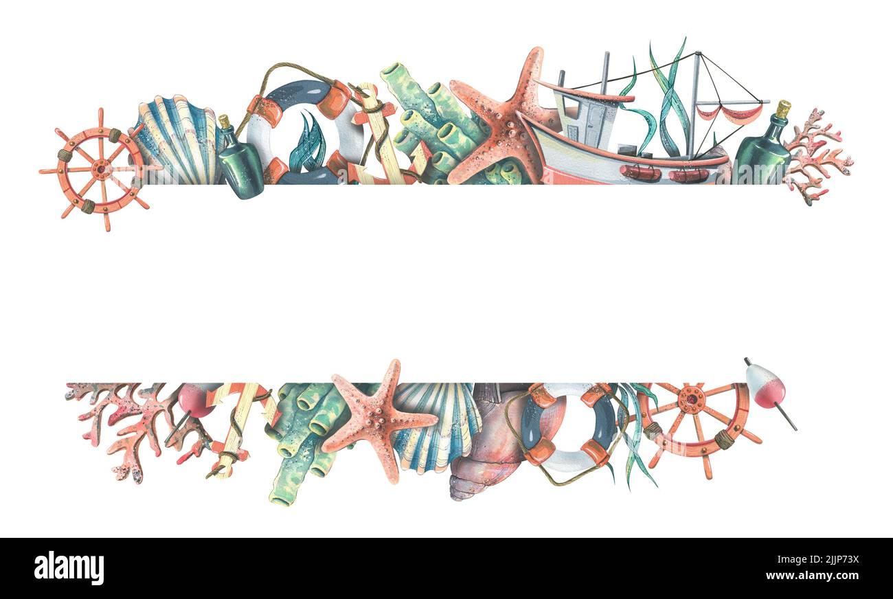 Cadre horizontal avec coraux de mer, coquillages, étoiles, bateau, volant, ancre et bouée de sauvetage. Illustration aquarelle. Pour la conception de bannières Banque D'Images