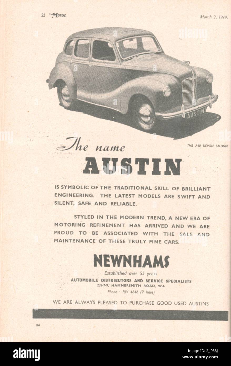 Austin le A40 Devon Saloon ancienne publicité vintage d'un magazine automobile britannique 1949 Banque D'Images