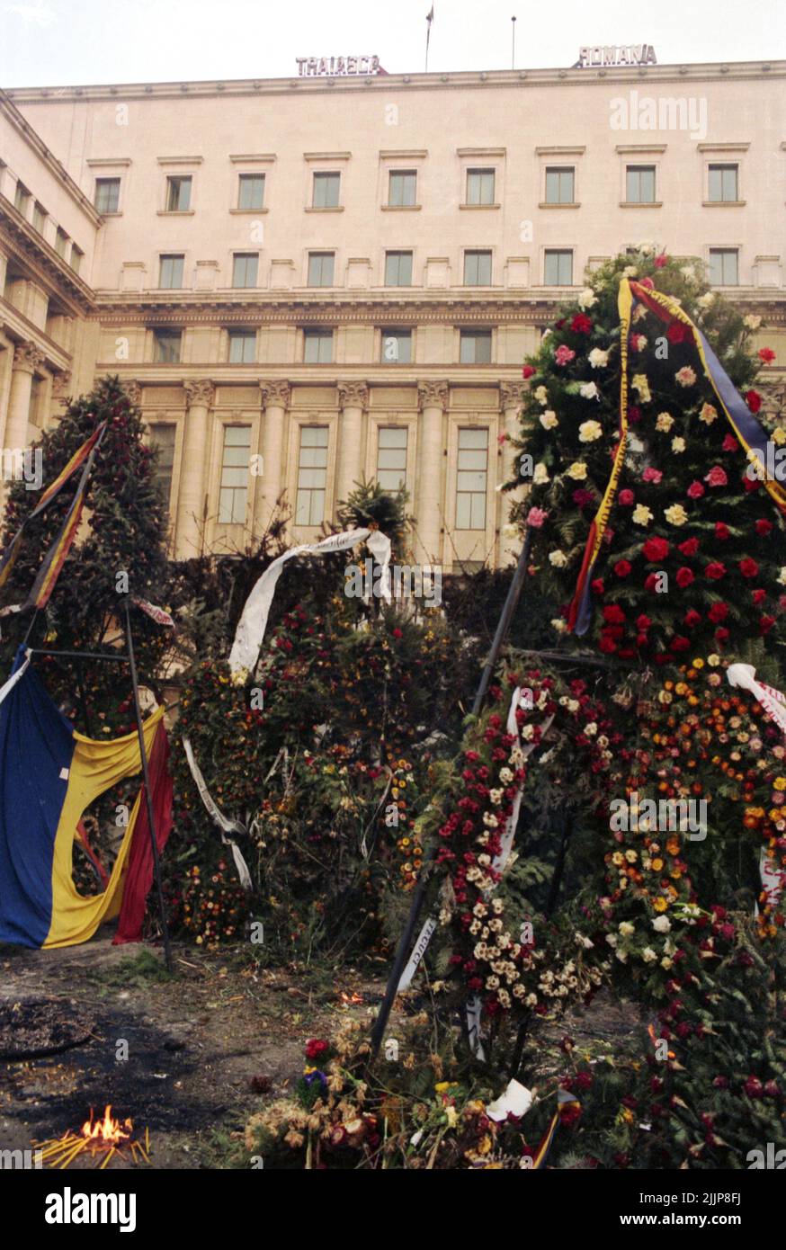 Bucarest, Roumanie, janvier 1990. Fleurs à Piata Palatului/ Piata Revolutiei pour les victimes de la révolution anticommuniste de décembre 1989. Au-dessus du bâtiment gouvernemental, on peut lire «longue vie Roumanie», après le retrait de l'entre-mots «la république socialiste de». Banque D'Images