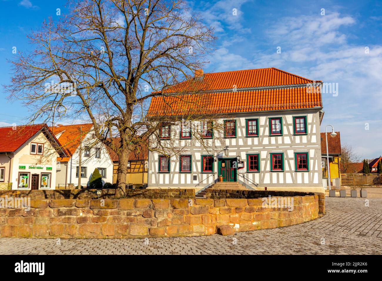 Un paysage urbain de bâtiments de toit rouge derrière un grand arbre lors d'une belle journée à Breitungen, Allemagne Banque D'Images