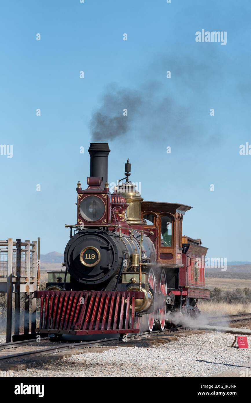 Démonstration de la locomotive 119, parc historique national Golden Spike, Utah. Banque D'Images