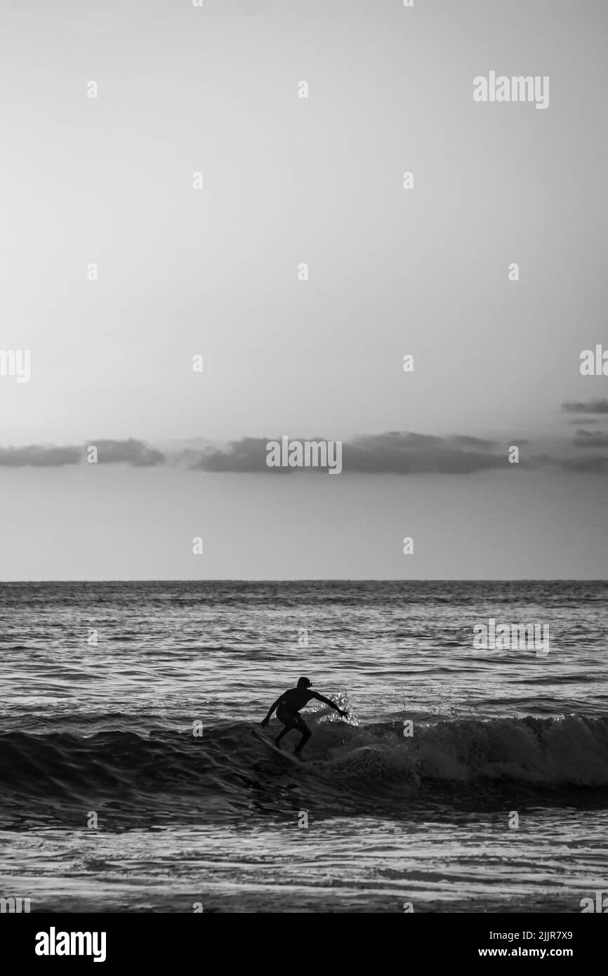 Verticale d'une personne surfant sur une planche en vagues de mer filmées en niveaux de gris Banque D'Images