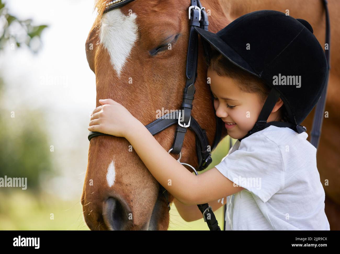 Vous avez gagné un ami pour la vie. Une petite fille embrassant un cheval dehors. Banque D'Images