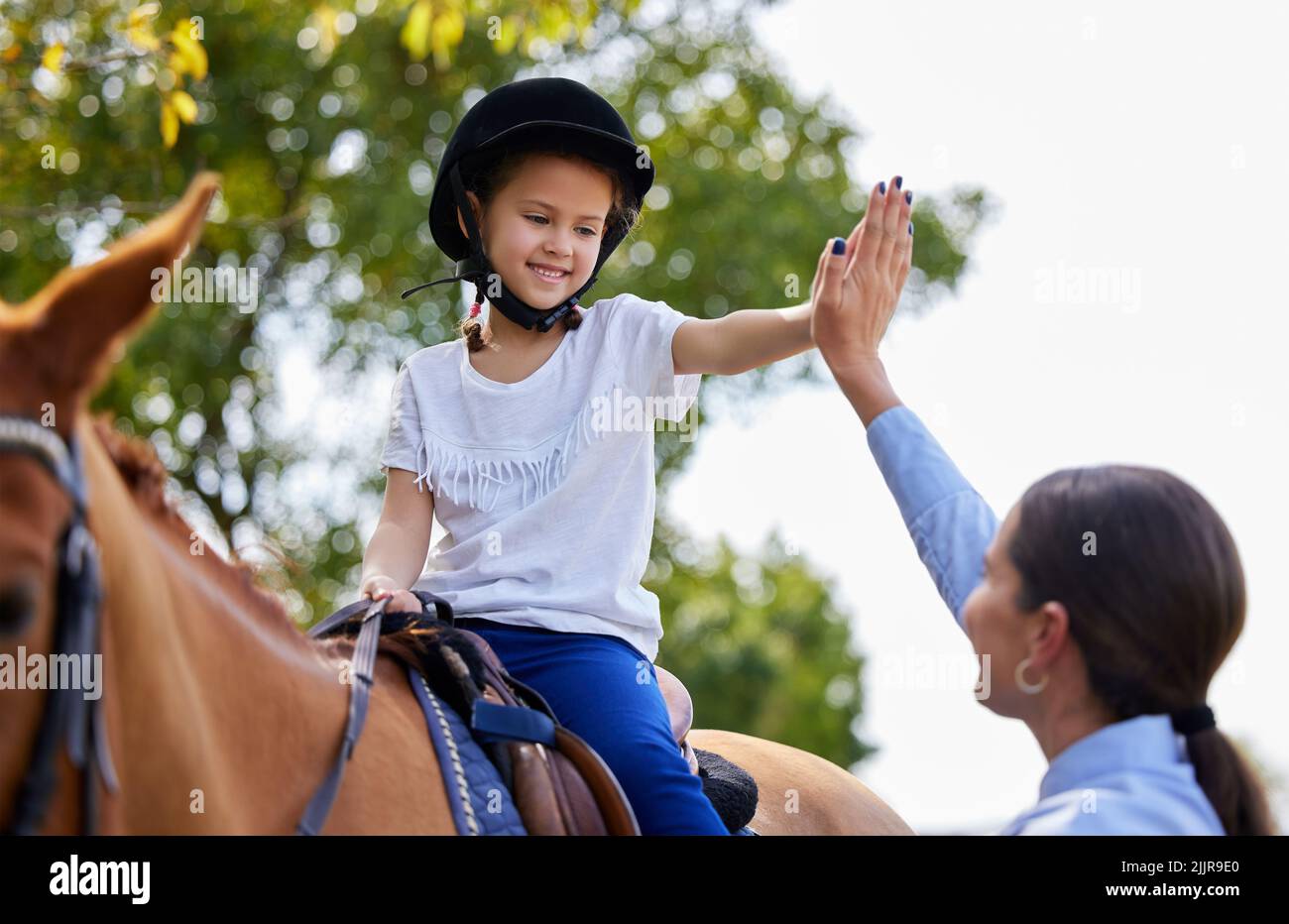 Job Bravo. jeune fille avec son instructeur avec un cheval en plein air dans une forêt. Banque D'Images