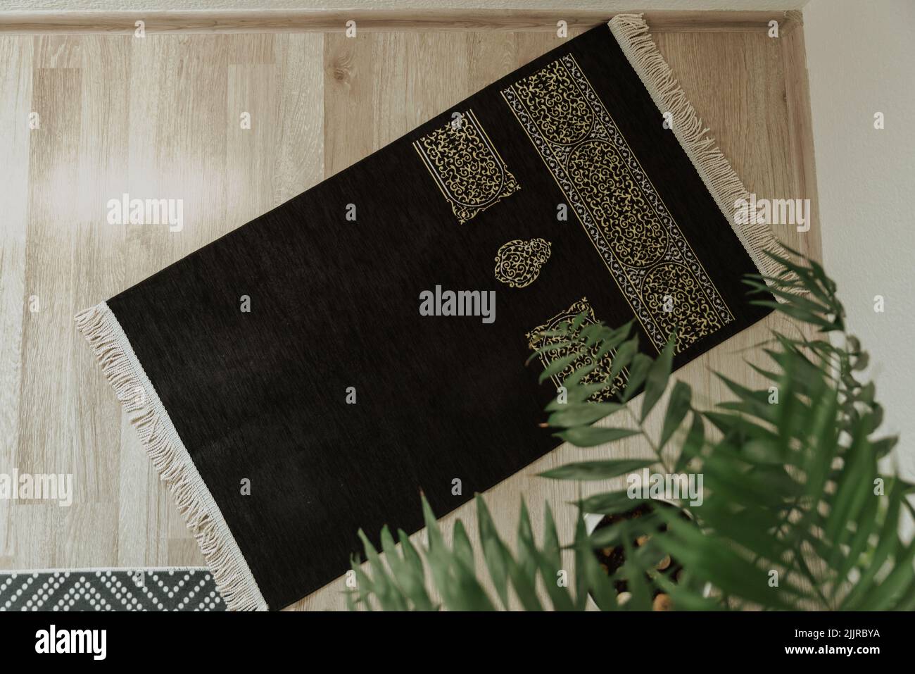 Une vue de dessus d'un tapis de prière en velours noir avec un motif Kaaba dans le coin sur un fond d'une plante de maison Banque D'Images
