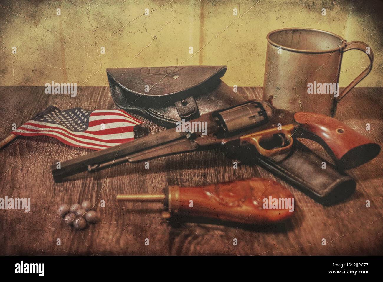 Une illustration d'un fusil avec un étui, une tasse de métal et le drapeau américain sur une table Banque D'Images
