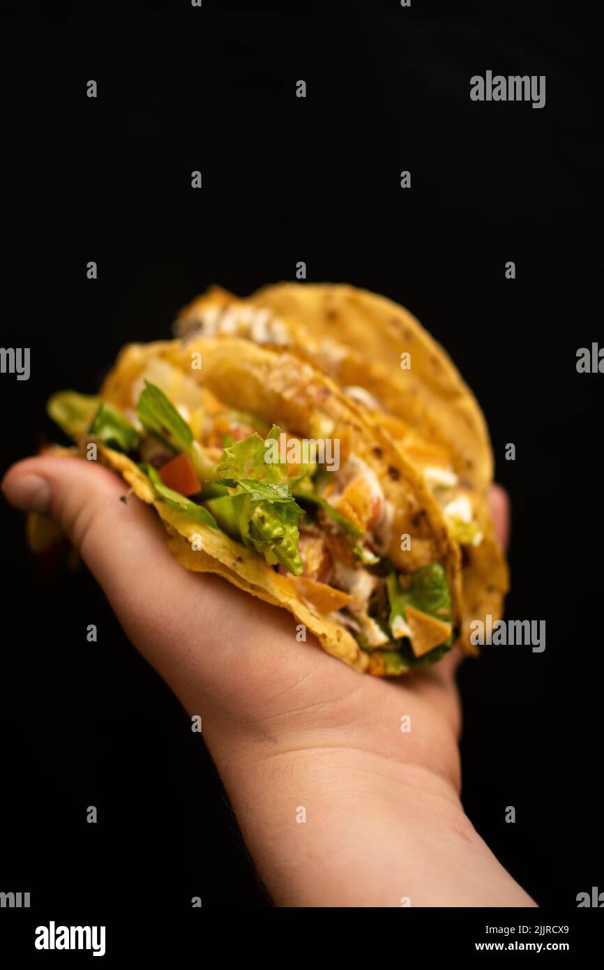 Un cliché vertical d'une personne tenant deux tacos Banque D'Images