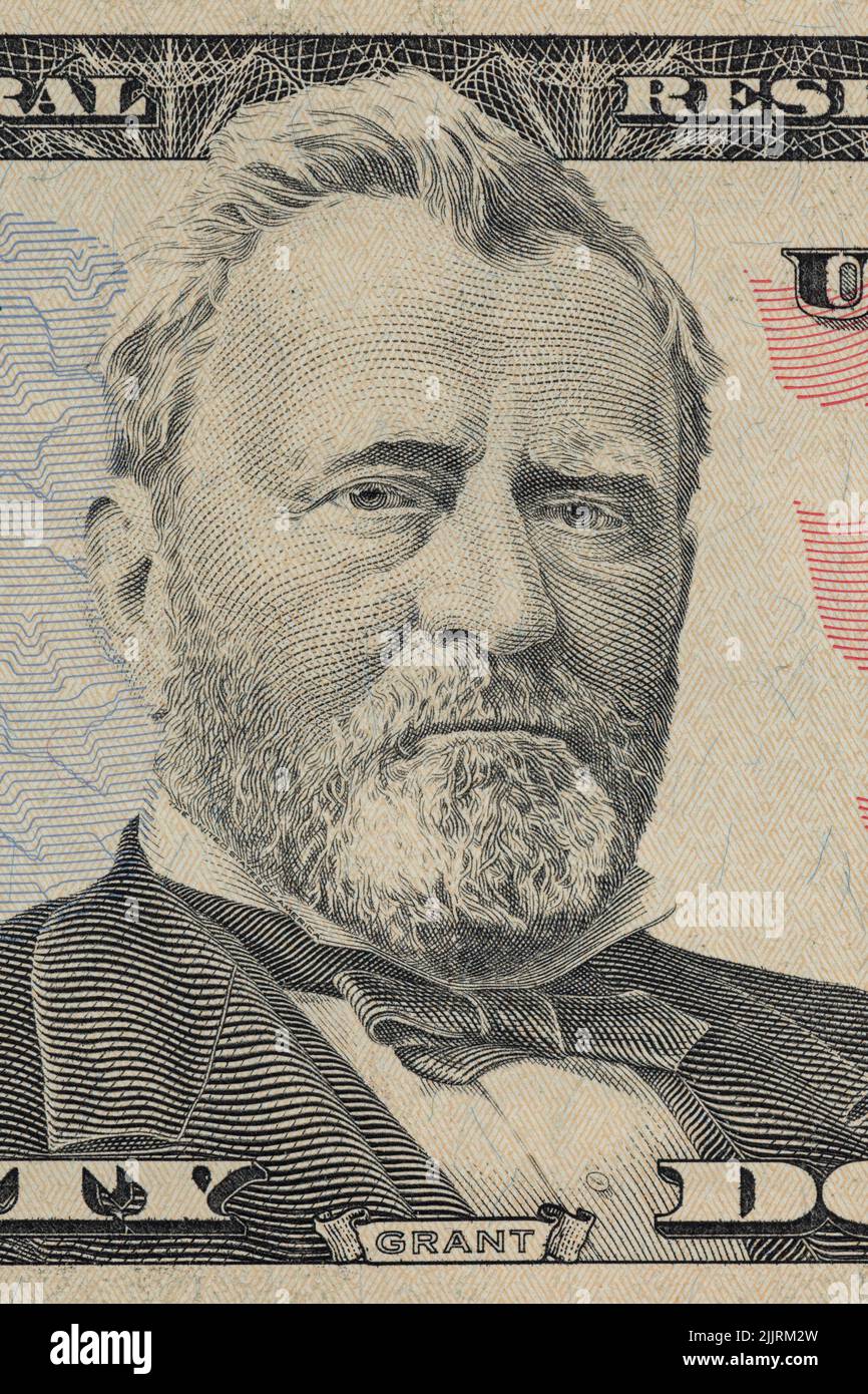 Gros plan sur la nouvelle facture de cinquante dollars. Macro gros plan de Ulysses S. Grant. facture de 50 dollars. Banque D'Images