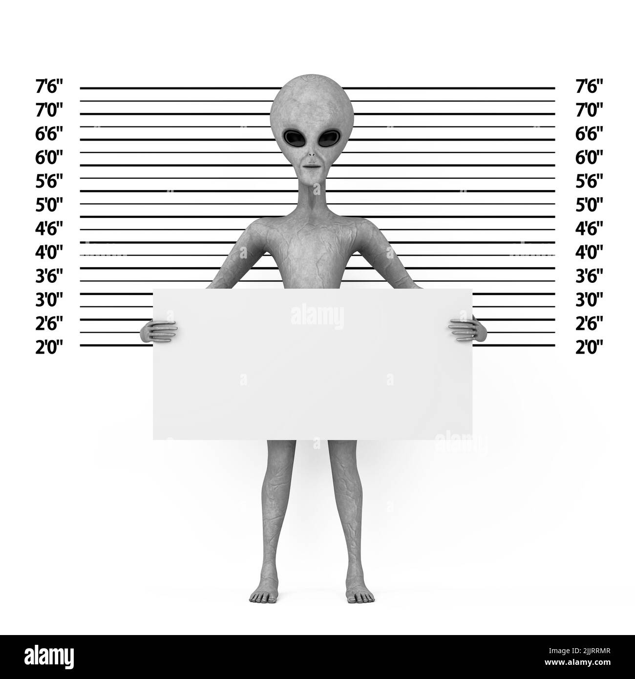 Craquant gris humanoïde Alien personnage personnage mascotte avec plaque d'identification devant la police ligne ou Mugshot fond extrême gros plan. 3 Banque D'Images