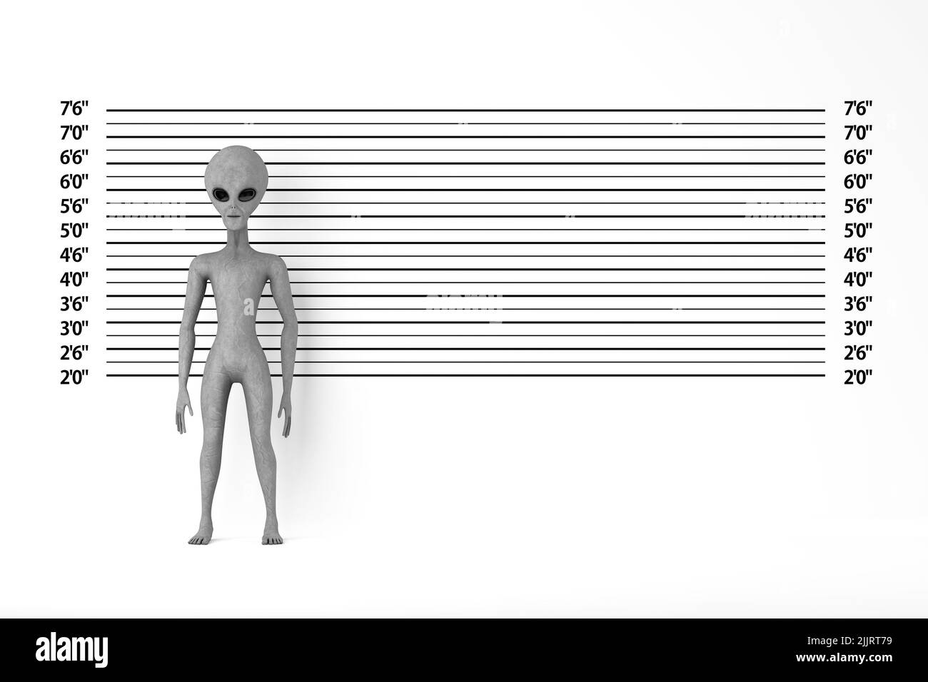 Personnage de personnage de cartoon Alien humanoïde gris effrayant Mascot devant la police ligne ou Mugshot arrière-plan de gros plan extrême. 3D rendu Banque D'Images