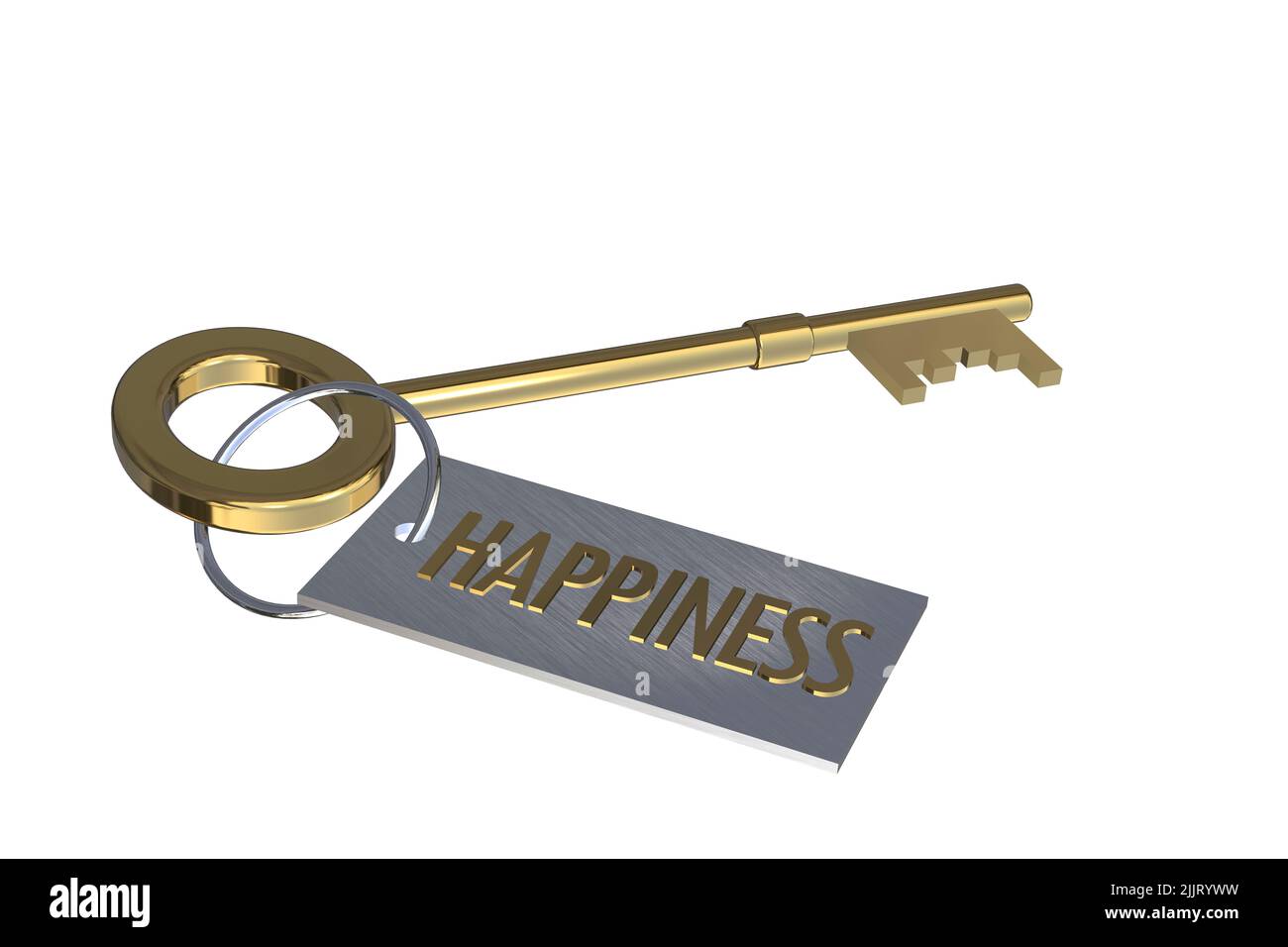 Clé au concept de bonheur or 3D clé avec porte-clés étiquette avec texte mot mots concept de bonheur coupé isolé sur fond blanc Banque D'Images