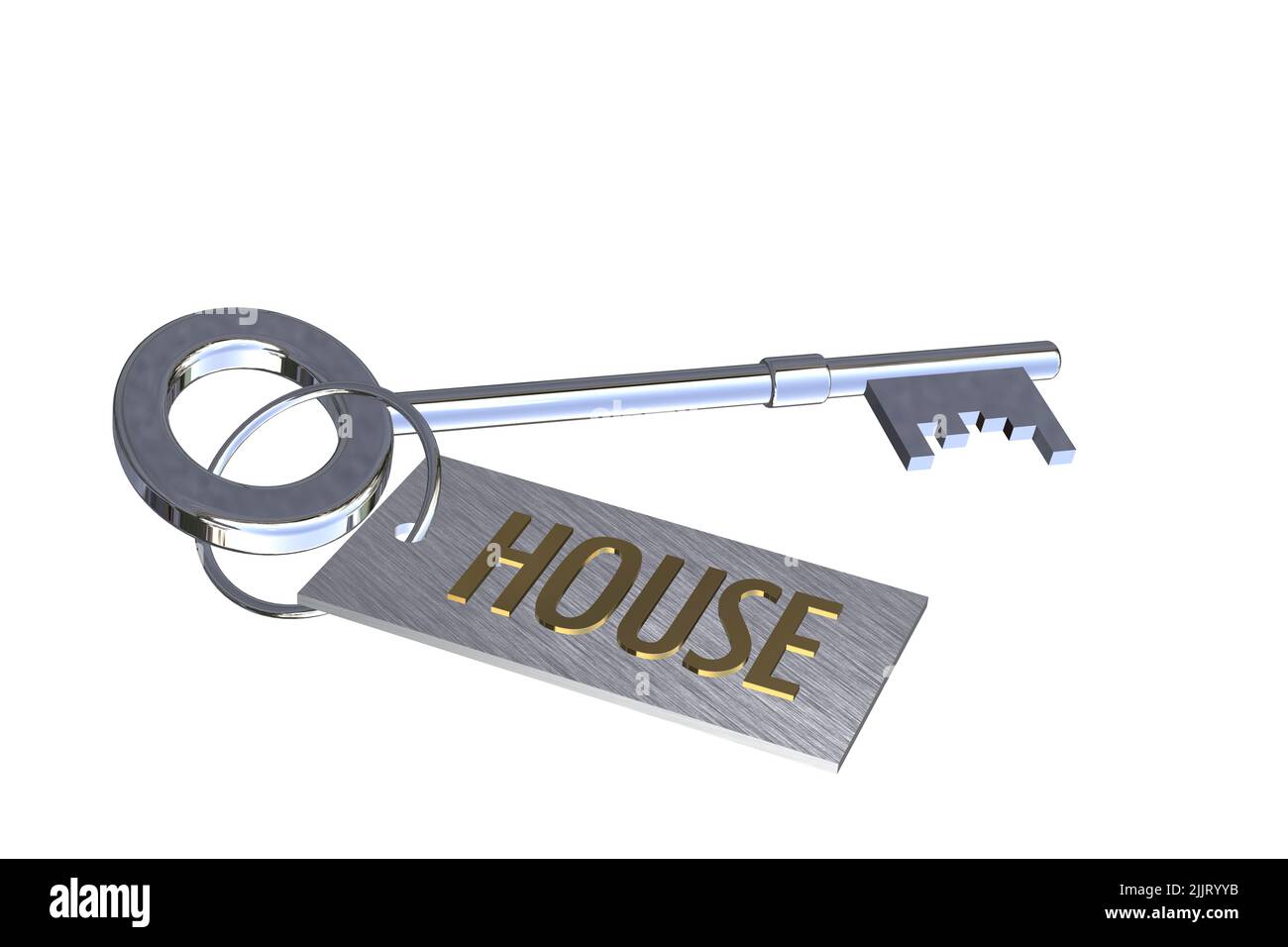 Clé à la maison concept argent 3D clé avec porte-clés étiquette avec texte mot mots maison concept coupé isolé sur fond blanc Banque D'Images