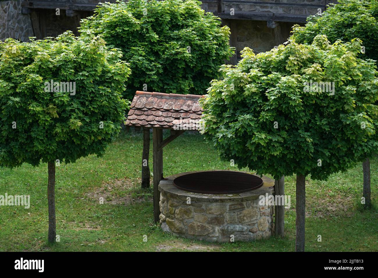 Un gros plan d'un barbecue en pierre avec un toit entouré d'arbres verts dans un jardin Banque D'Images