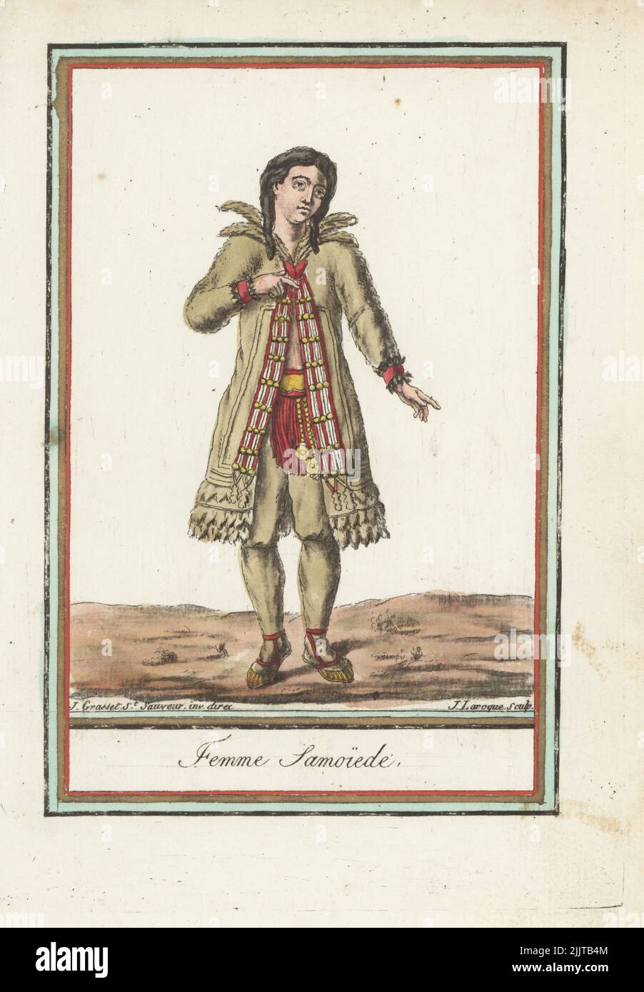 Femme samoyedique de Sibérie: Nenets, Enets, Nganasans ou Selkups. Parka doublée de fourrure ou manteau à capuche et leggings en peaux d'animaux (chien, renard, renne et loup) décorés de broderies, sous-maillot, ceinture à franges, bootlets. Femme Samoyede. Gravure en copperplate de couleur main par J. Laroque d'après un dessin de Jacques Grasset de Saint-Sauveur de son Encyclopédie des voyages, Encyclopédie des voyages, Bordeaux, France, 1792. Banque D'Images