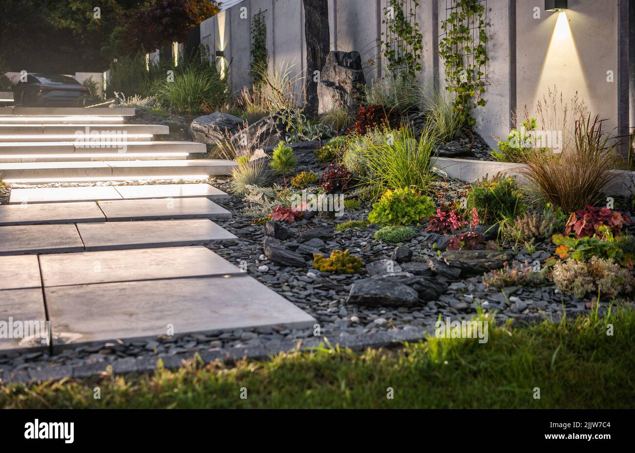 Jardin résidentiel éclairé par des lumières à DEL. Conception moderne d'éléments de mur et d'escalier en béton architectural. Banque D'Images