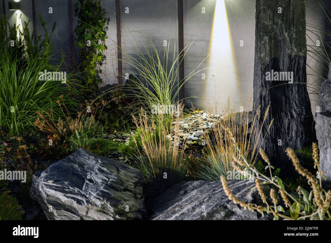 Jardin de Rockery moderne éclairé par un éclairage LED extérieur. Nuit calme et silencieuse dans le jardin. Systèmes d'éclairage professionnels Banque D'Images