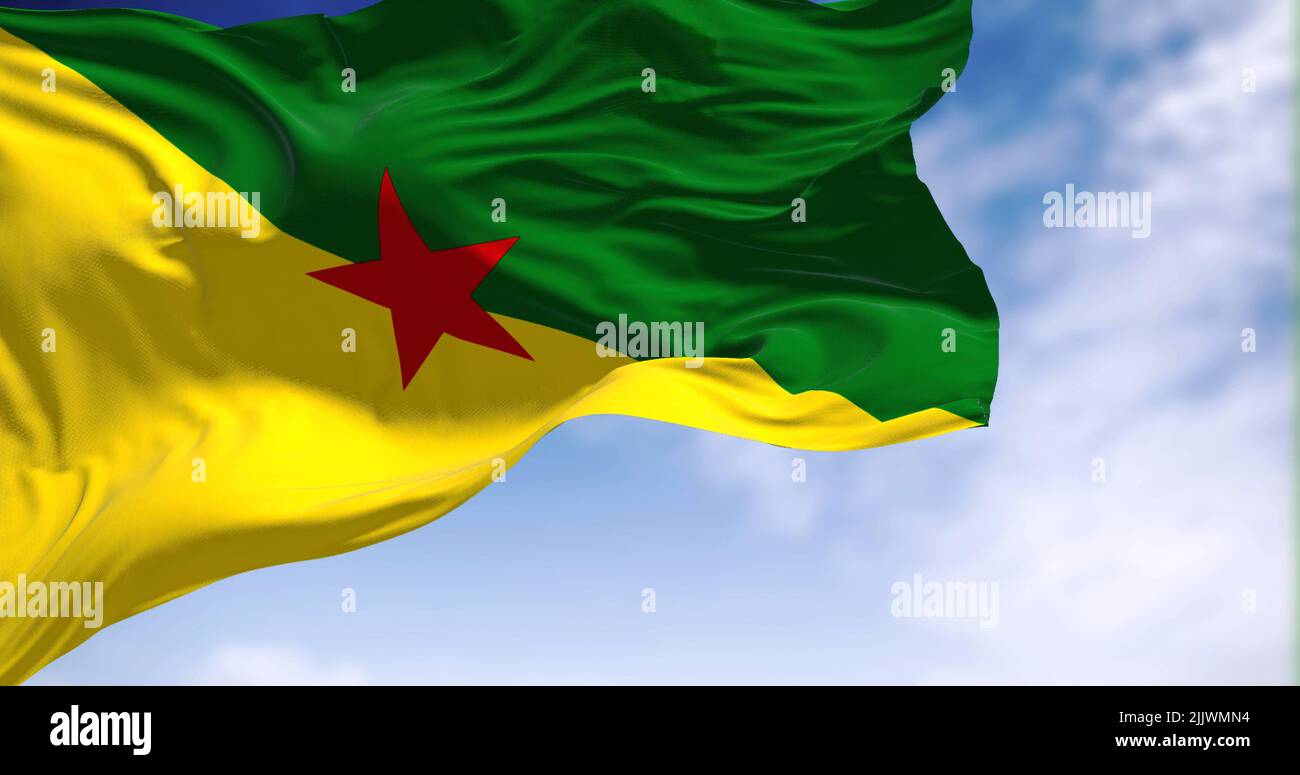 Drapeau de la Guyane française agitant dans le vent par temps clair. La ...
