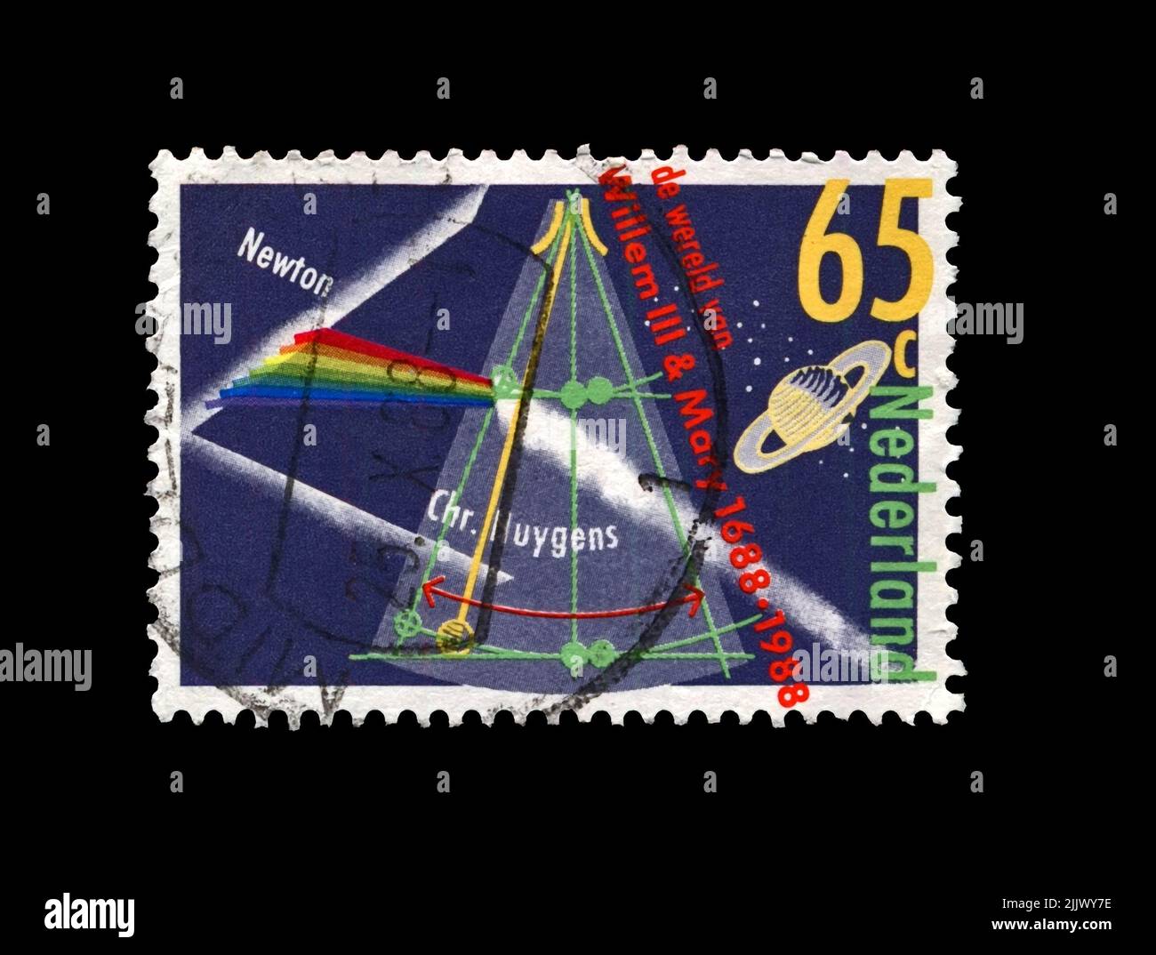 Prisme scindant la lumière comme découvert par le célèbre scientifique, explorateur, mathématicien, astronome, observateur Isaac Newton (1642-1727), planète Saturne comme obse Banque D'Images