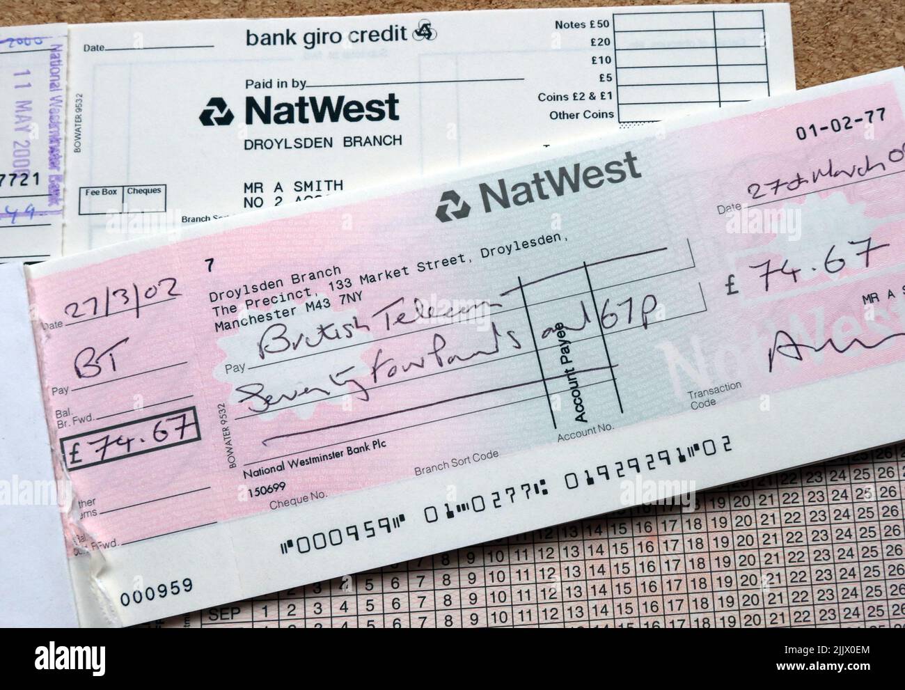 Chèques NatWest, bordereaux de paie, historique bancaire Banque D'Images