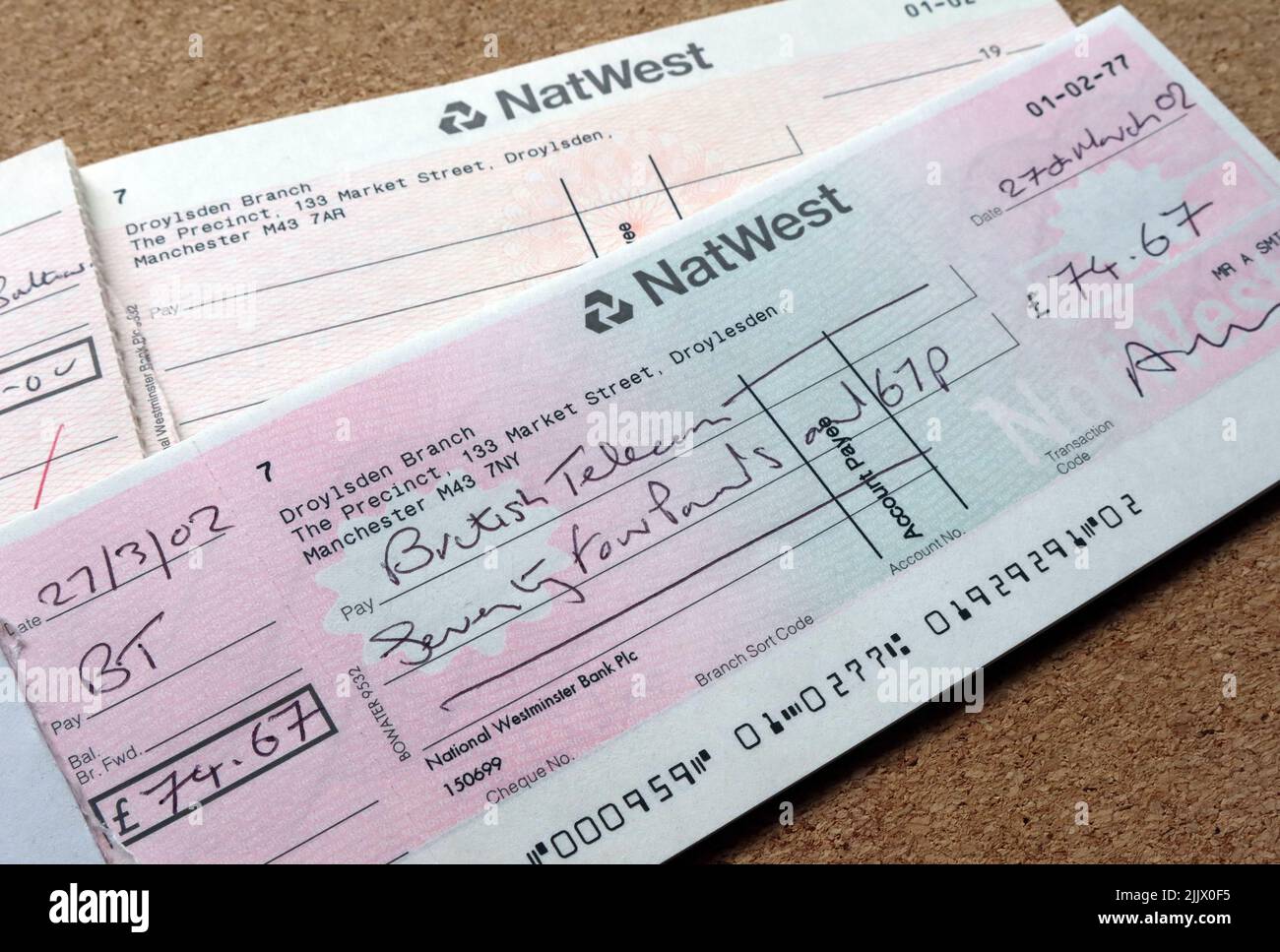 Chèques NatWest, bordereaux de paie, historique bancaire Banque D'Images