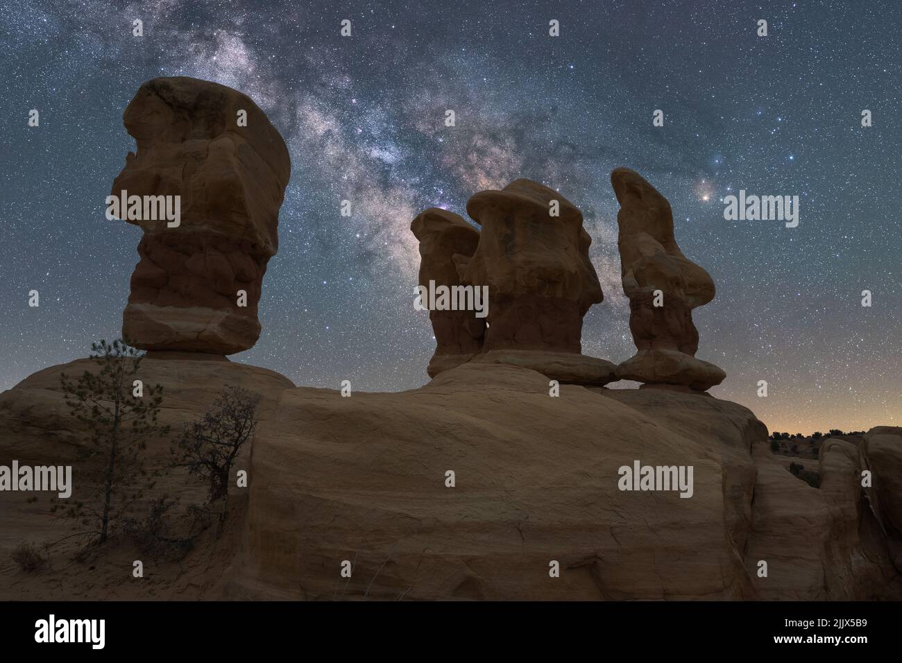 De grandes formations rocheuses lisses au Devils Garden, dans le Grand Staircase Escalante National Monument, sous un ciel laiteux et étoilé la nuit Banque D'Images