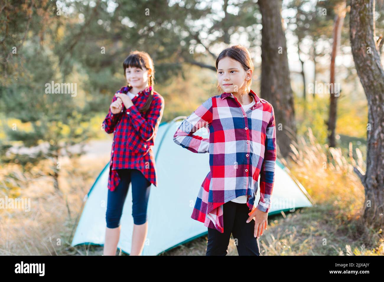 Les adolescentes gaies, satisfaites du travail accompli, se reposent dans la forêt après un long voyage. Allons camper. Camping familial Banque D'Images