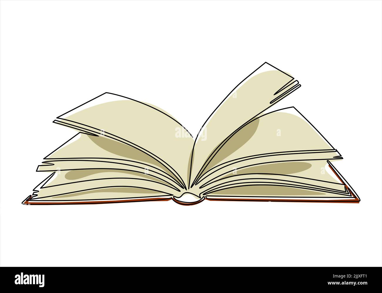 Dessin continu d'une ligne d'un livre ouvert avec des pages volantes. Illustration vectorielle des fournitures scolaires de retour à l'école. Banque D'Images