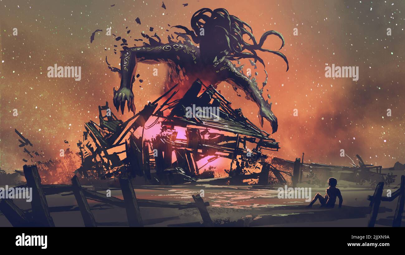 scène fantaisie de l'homme regardant dans le choc à l'éveil du géant noir., style d'art numérique, peinture d'illustration Banque D'Images