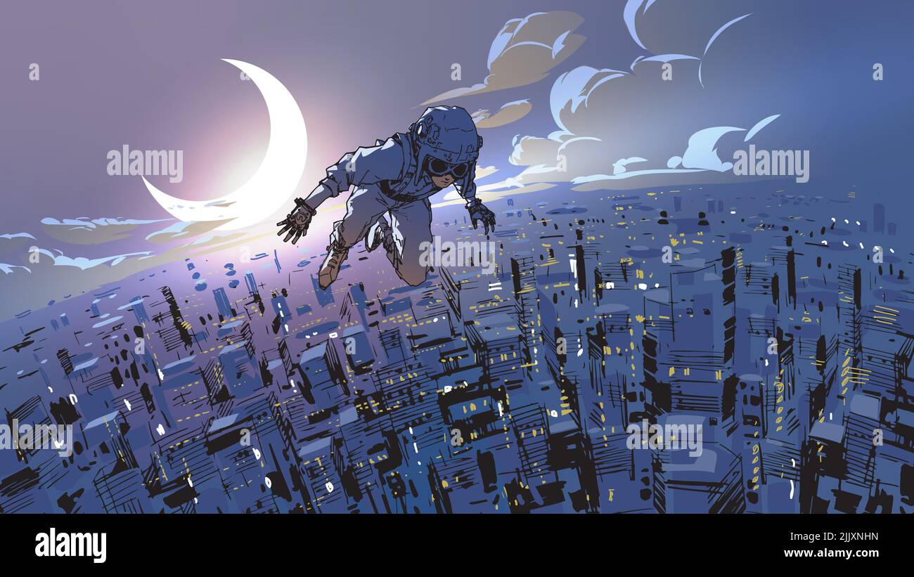 super garçon volant dans le ciel au-dessus de la grande ville la nuit, style d'art numérique, peinture d'illustration Banque D'Images