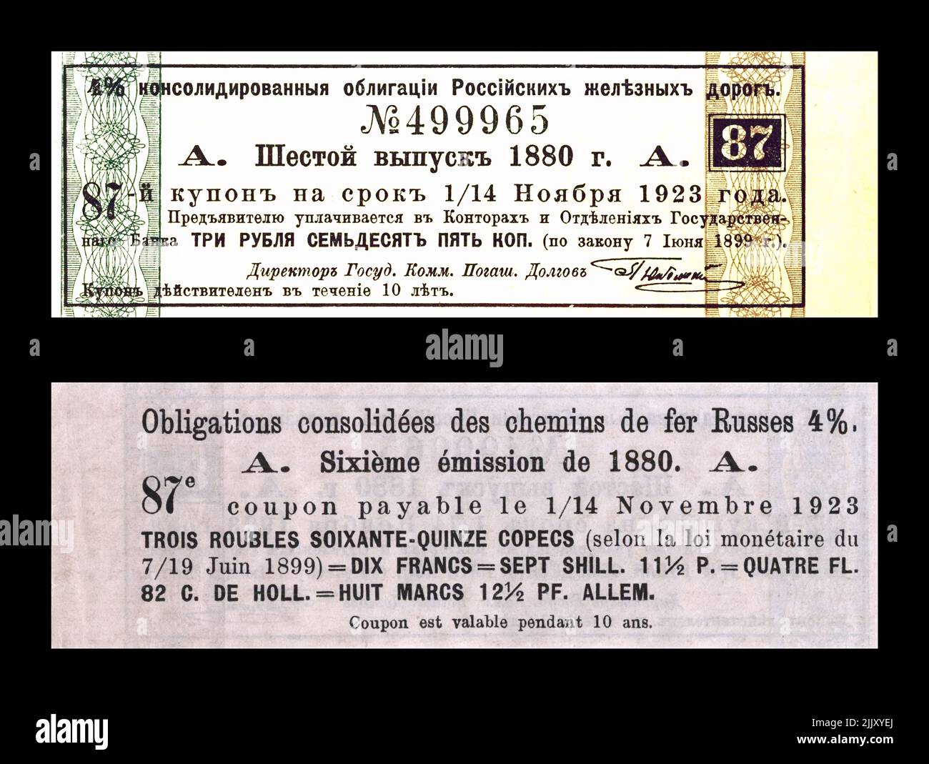 Coupon de chemin de fer d'époque (billet) de la Société raiway de Moscou-Kiev-Voronezh imprimé en Russie trariste sur les langues russe et française, vers 1880. Rétro Banque D'Images