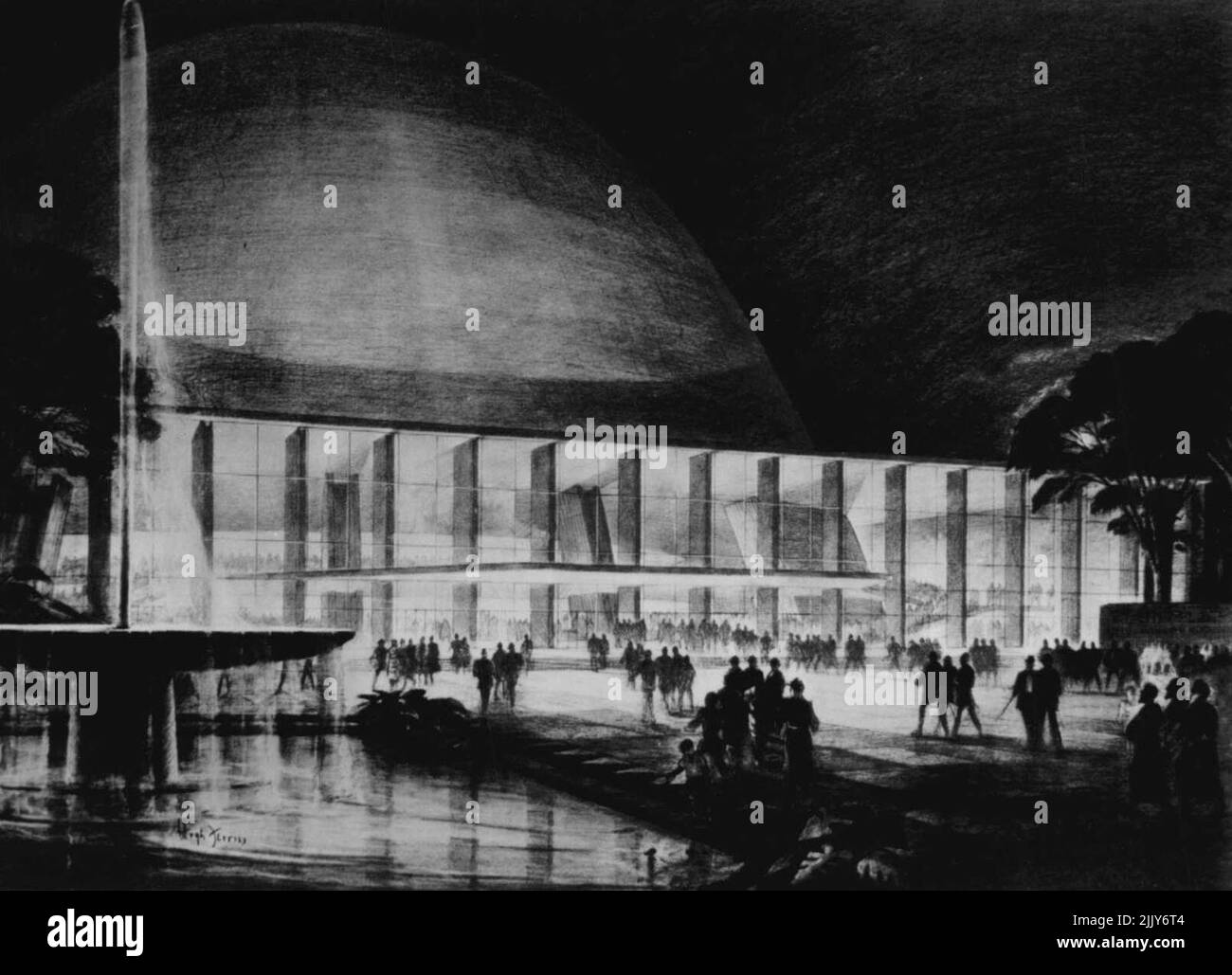 Conception de l'architecte pour le bâtiment des Nations Unies -- il s'agit d'un dessin de l'architecte de l'entrée de l'un des bâtiments de la capitale mondiale proposée des Nations Unies comme l'a suggéré la ville de New York aujourd'hui dans un plan de 27 pages soumis à Trygve lie, Secrétaire général de l'ONU, Pour avoir fait de Flushing Meadow la résidence permanente des Nations Unies. 18 octobre 1946. (Photo par AP Wirephoto). Banque D'Images