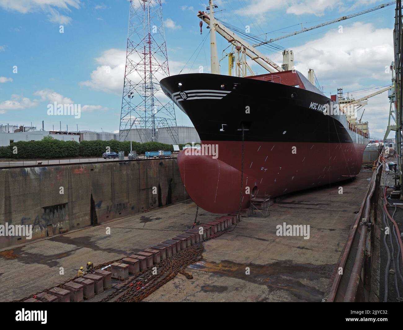 Grand cargo MSC Kayla en quai sec pour l'entretien dans le port d'Anvers, Belgique Banque D'Images