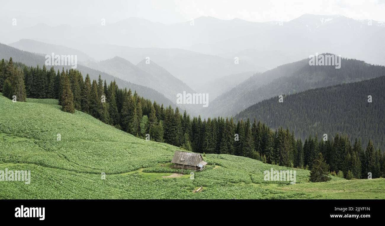 Pittoresque pré d'été avec ancienne maison en bois et ciel nuageux dans les montagnes Carpates, Ukraine. Photographie de paysage Banque D'Images