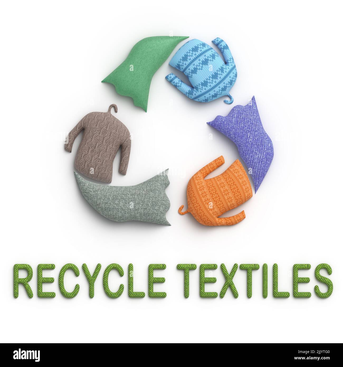 Recyclez les textiles, recyclez la marque de symbole avec du tissu recyclé, réduisez les déchets de textile et faites la promotion durable mode 3D illustration Banque D'Images