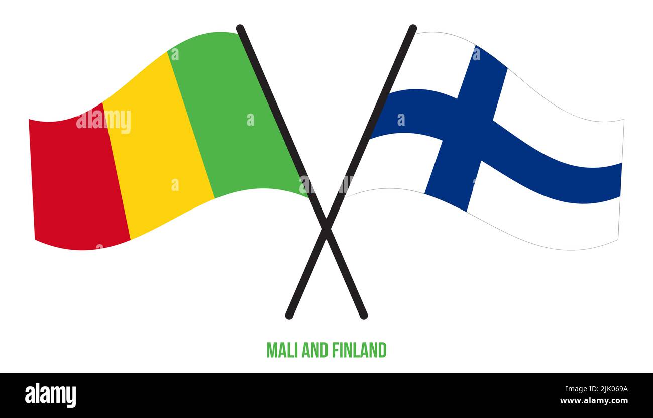 Mali et Finlande drapeaux croisés et ondulant le style plat. Proportion officielle. Corriger les couleurs. Banque D'Images