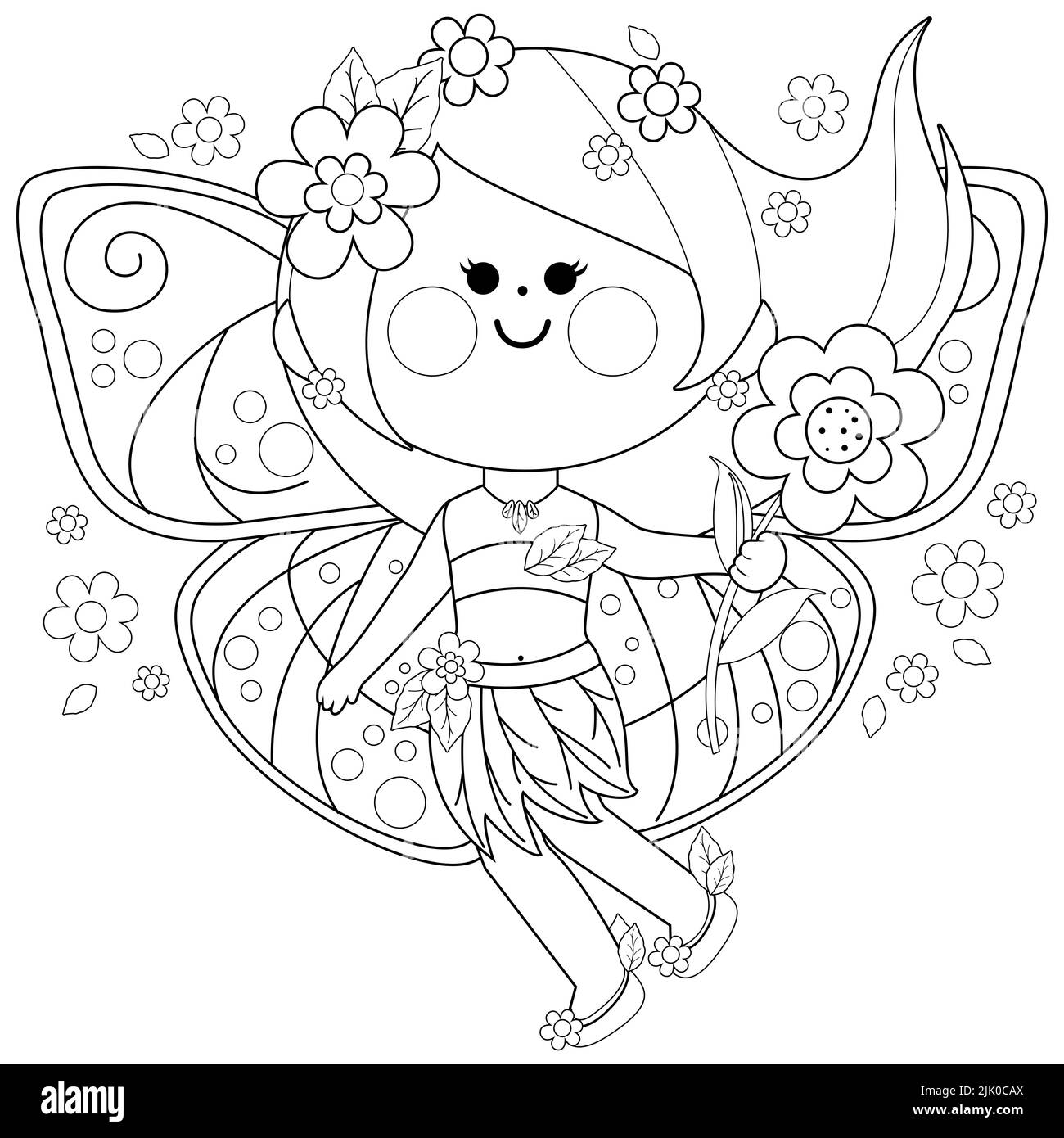 Une belle fille de fée de printemps avec des fleurs. Page de couleur noir et blanc Banque D'Images