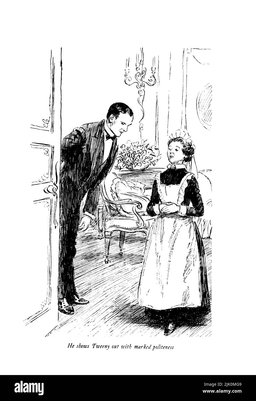 Il montre Tweeny avec la politesse du marché l'admirable Crichton est une pièce de théâtre de bande dessinée écrite en 1902 par J. M. Barrie. Illustré par Hugh Thomson RI (1 juin 1860 – 7 mai 1920) est un illustrateur irlandais né à Coleraine près de Derry. Il est surtout connu pour ses illustrations au stylo et à l'encre d'auteurs comme Jane Austen, Charles Dickens et J. M. Barrie. Publié en 1914 London, Hodder & Stoughton Banque D'Images