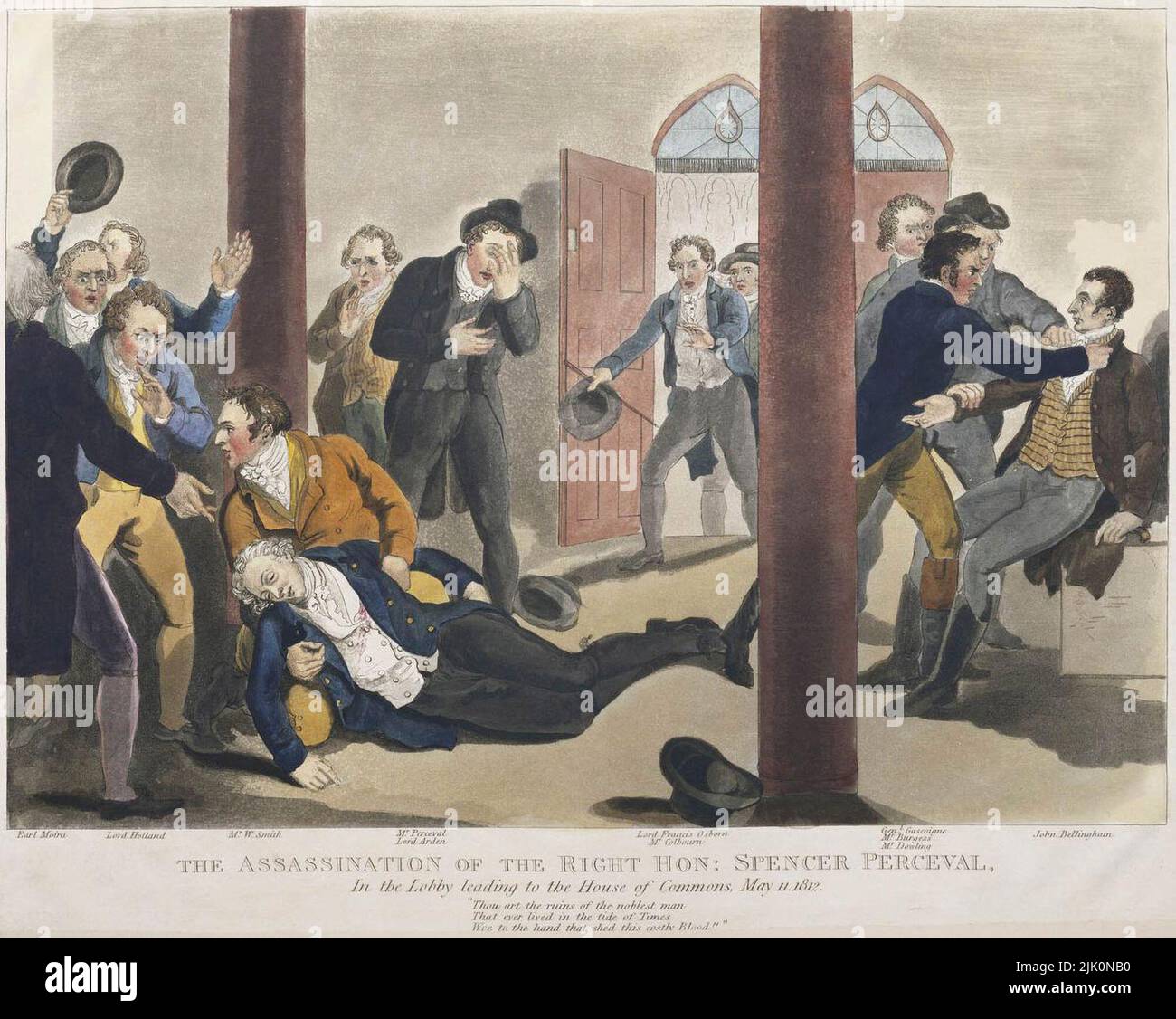Le Premier ministre britannique Spencer Perceval est assassiné par John Bellingham, dessin de John Heaviside Clark le 11 mai 1812, vers 5 h 15, Spencer Perceval, premier ministre du Royaume-Uni de Grande-Bretagne et d'Irlande, A été tué par balle dans le hall de la Chambre des communes par John Bellingham, un marchand de Liverpool ayant déposé un grief contre le gouvernement. Bellingham a été détenu et, quatre jours après le meurtre, jugé, reconnu coupable et condamné à mort. Il a été pendu à la prison de Newgate le 18 mai, une semaine après l'assassinat et un mois avant le début de la guerre de 1812. Perceva Banque D'Images