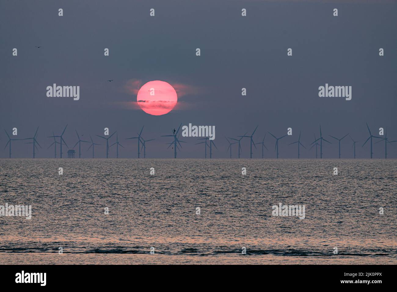 Coucher de soleil sur les éoliennes offshore, à Prestyn, sur la côte nord du pays de Galles Banque D'Images