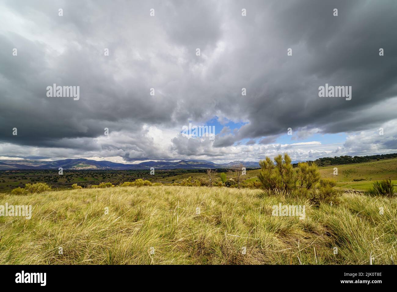 Ciel spectaculaire de nuages noirs dans le champ vert, vue grand angle. Madrid. Espagne. Banque D'Images