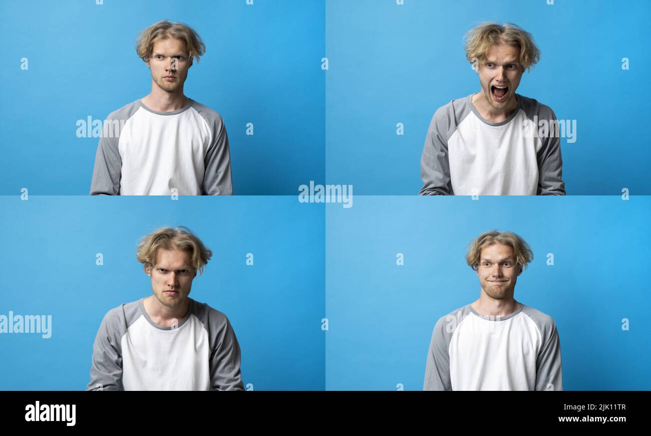 Ensemble d'émotions différentes. Collage avec quatre émotions différentes dans un jeune homme en t-shirt à manches longues sur fond bleu. Banque D'Images