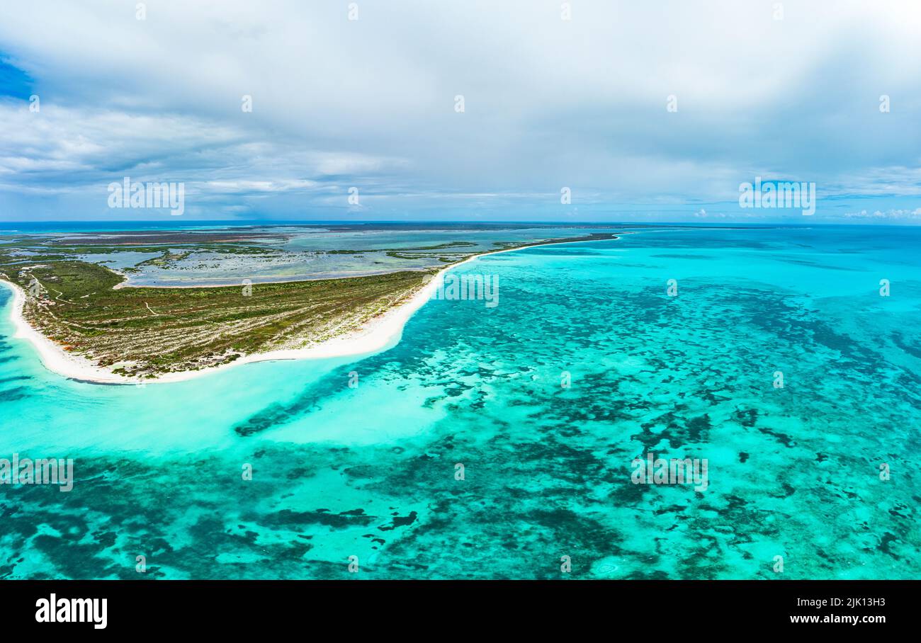 Sable blanc de 11 Mile Beach au milieu d'un lagon tropical et de la mer des Caraïbes, vue aérienne, Barbuda, Antigua-et-Barbuda, Antilles, Caraïbes Banque D'Images