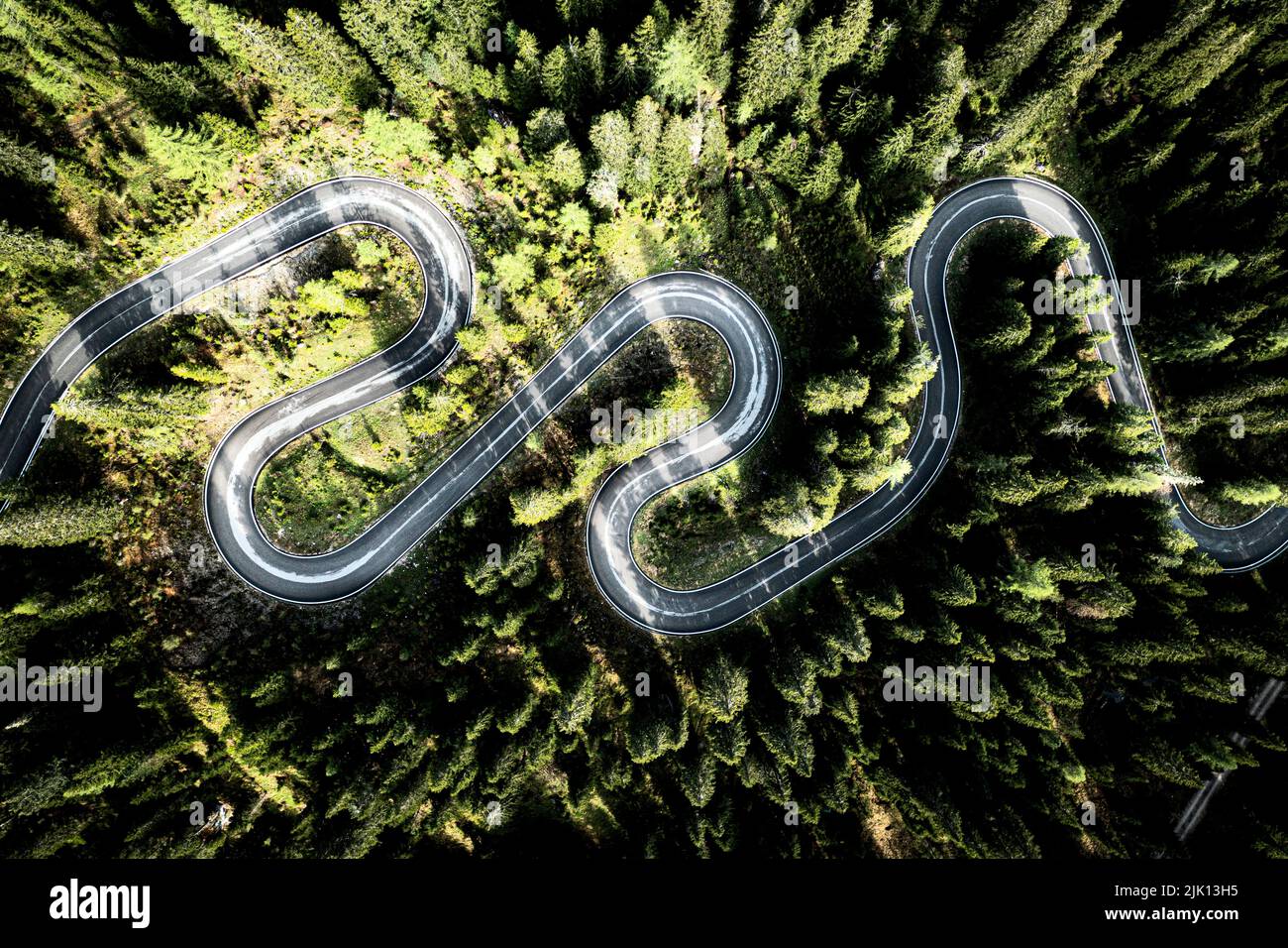 Vue aérienne en hauteur des virages en épingle à cheveux d'une route de montagne pittoresque traversant une forêt verte, col de Giau, Dolomites, Vénétie, Italie, Europe Banque D'Images