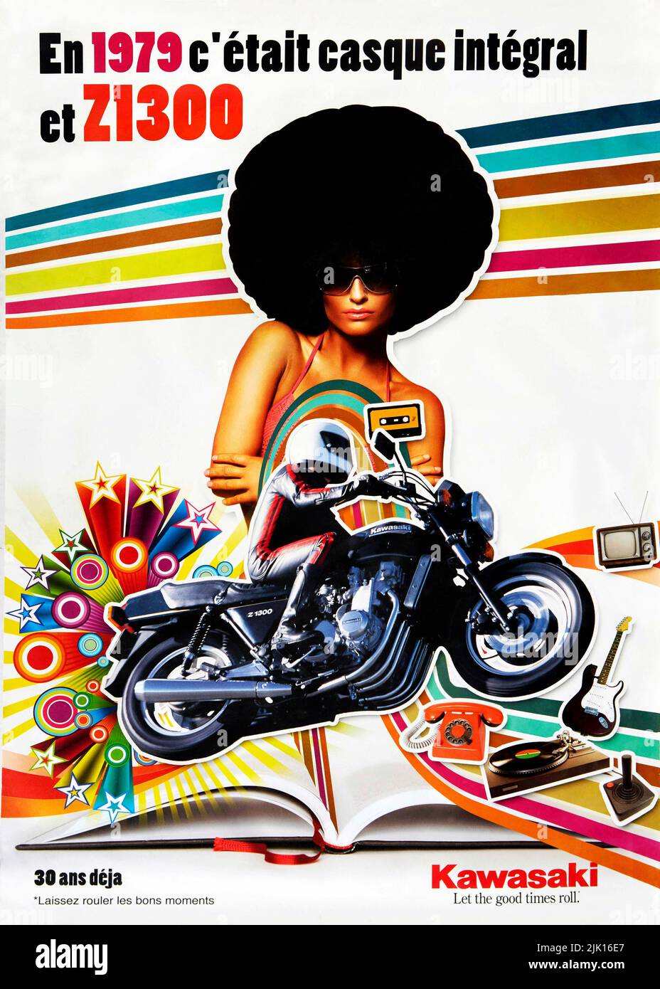 Affiche publicitaire pour moto Kawasaki - en 1979 c'etait casque Integral et Z1300 / 30 ans deja Banque D'Images