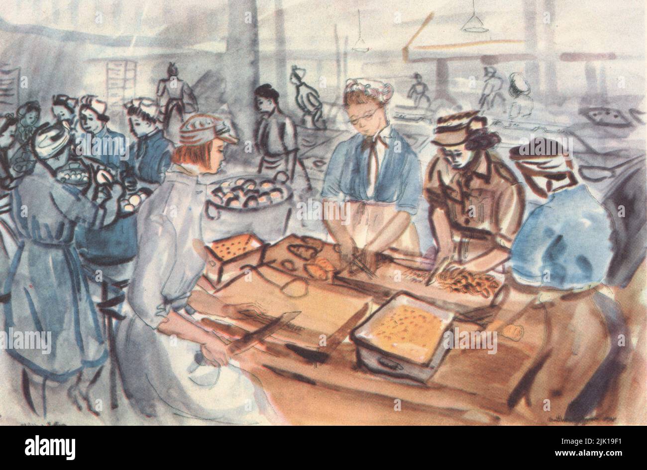 Hacher et éplucher: Un centre de cuisson ATS, 1941. Par Anthony Gross (1905-1984). ATS personnel de cuisine hacher et éplucher des légumes. Le Service territorial auxiliaire (ATS) était la branche féminine de l'Armée britannique pendant la Seconde Guerre mondiale. Banque D'Images