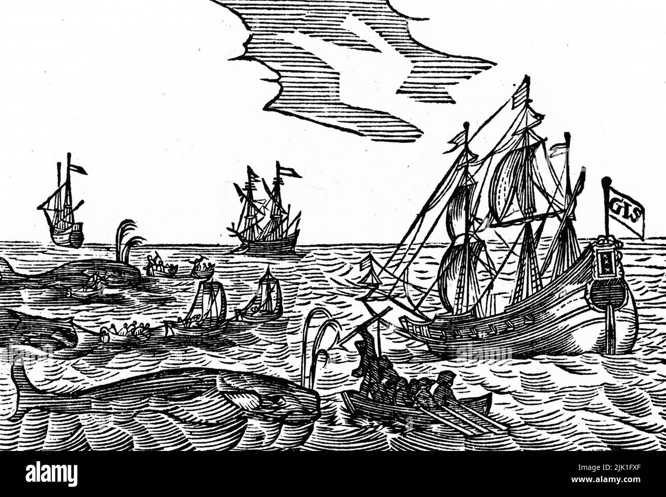 Chasse à la baleine, 1634. Coupe de bois du journal de Jacob Segersz van der Brugge. Jacob Segersz van der Brugge a publié son journal peu de temps après son retour de la chasse à la baleine en 1634. Banque D'Images