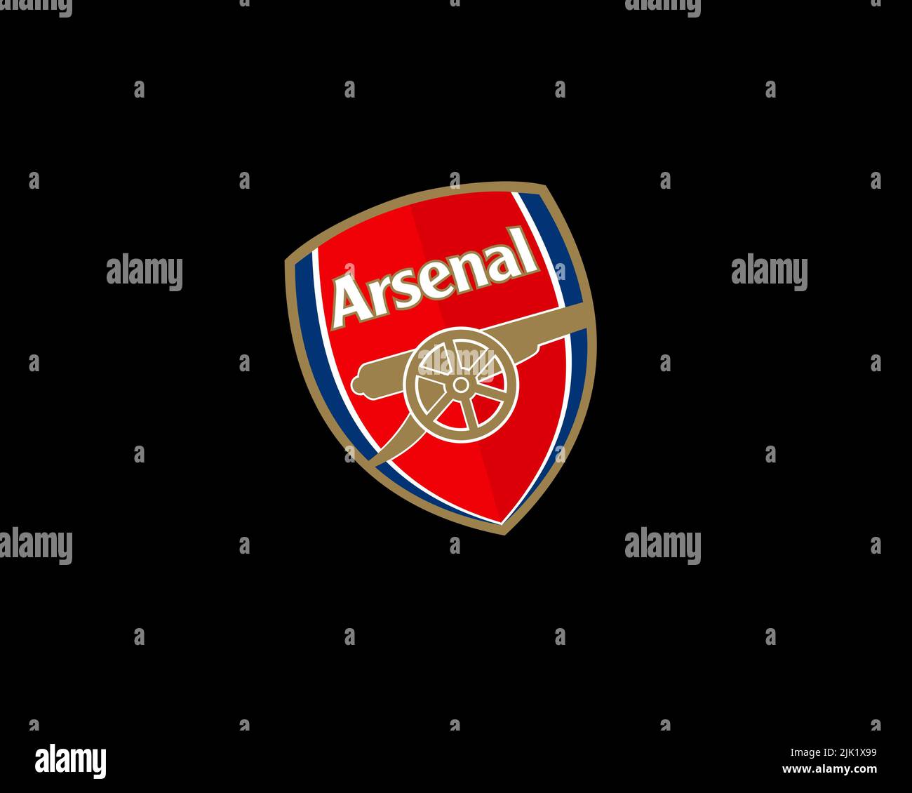 Logo Arsenal F. C. pivoté, arrière-plan noir Banque D'Images