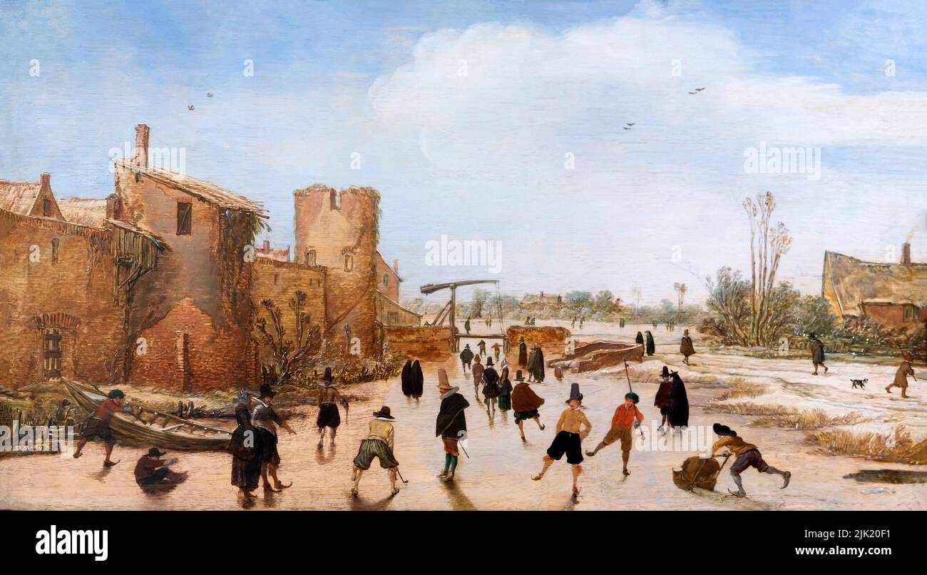 Jeux d'hiver sur la ville de Moat, Esaias van der Velde, 1618, Alte Pinakothek, Munich, Allemagne, Europe Banque D'Images