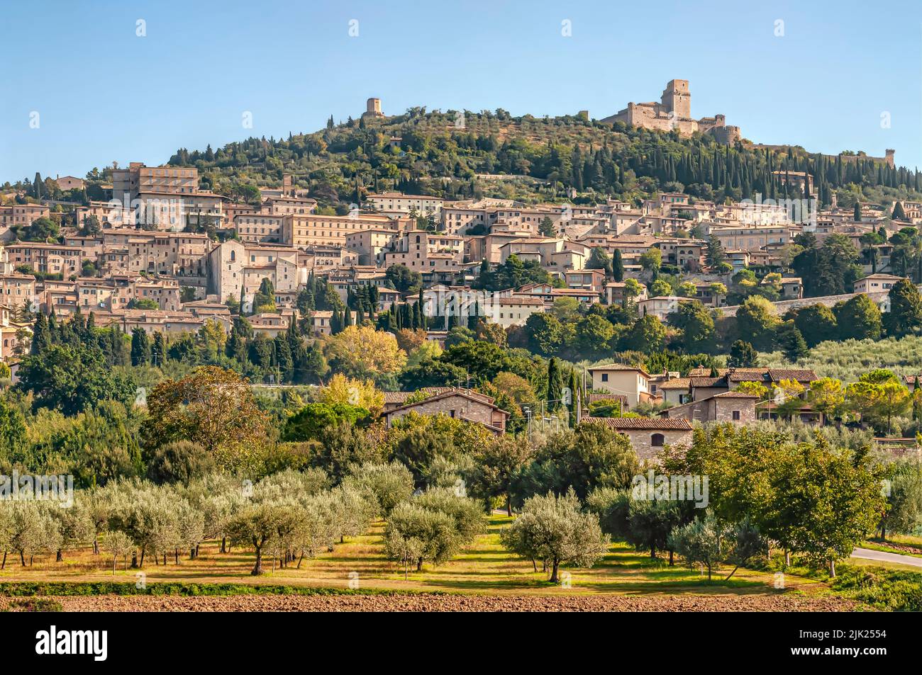 Vue lointaine sur la vieille ville d'Assise en Ombrie, Italie Banque D'Images